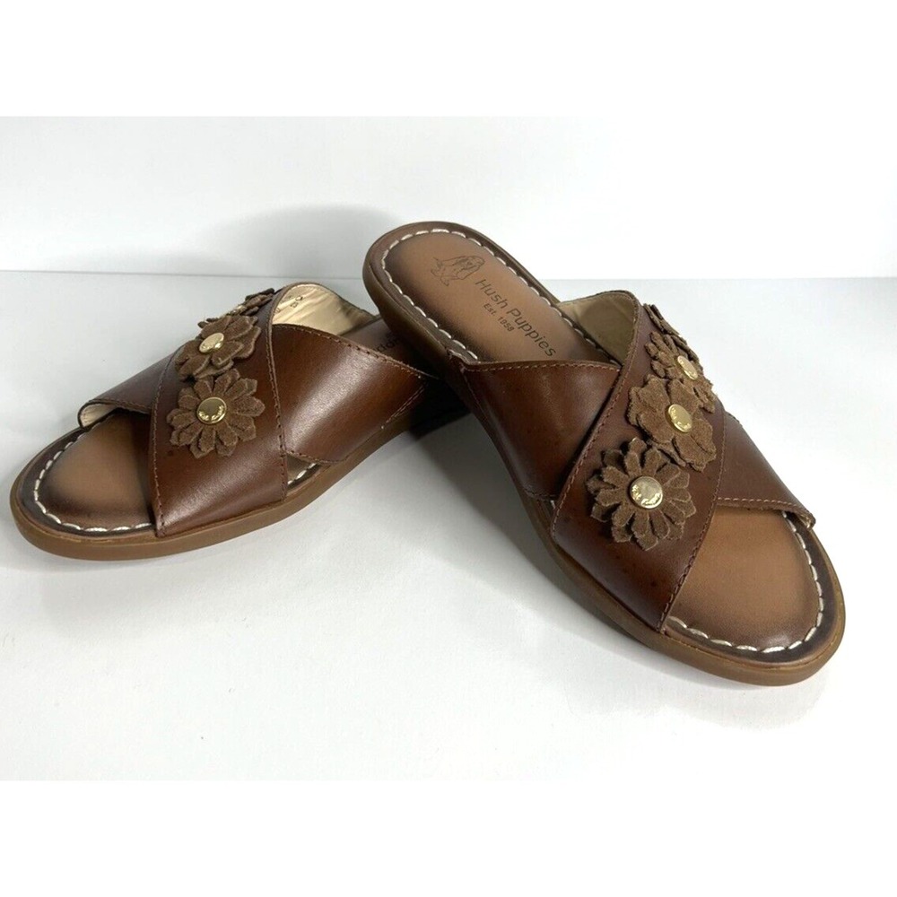 Hush Puppies Brown Leather Floral Slide Sandals
